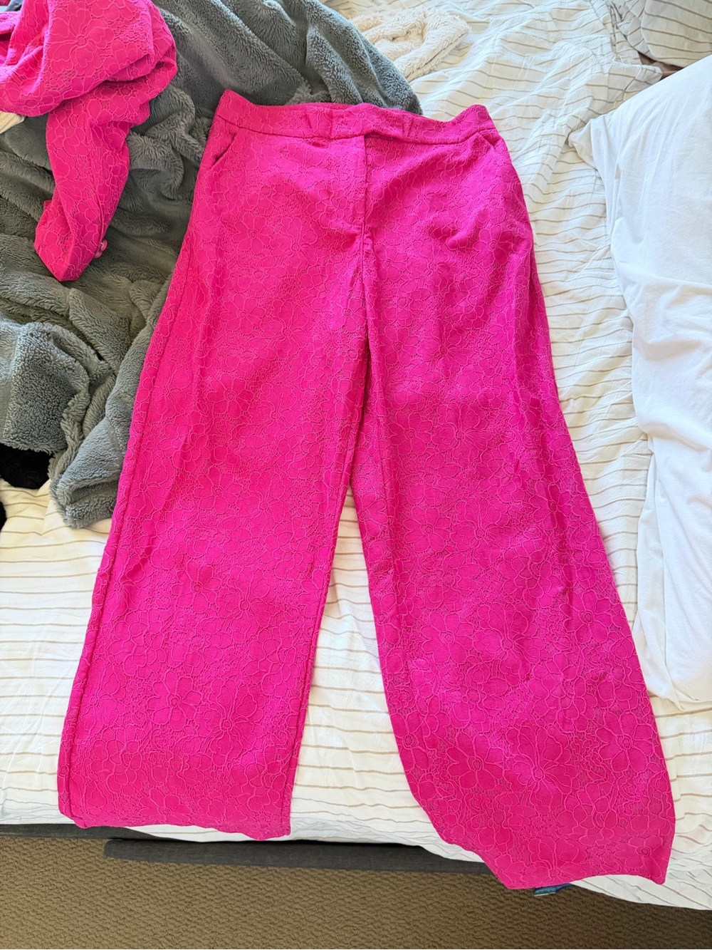 Zara Hot Pink Wide-Leg Lace Jacquard Pants L